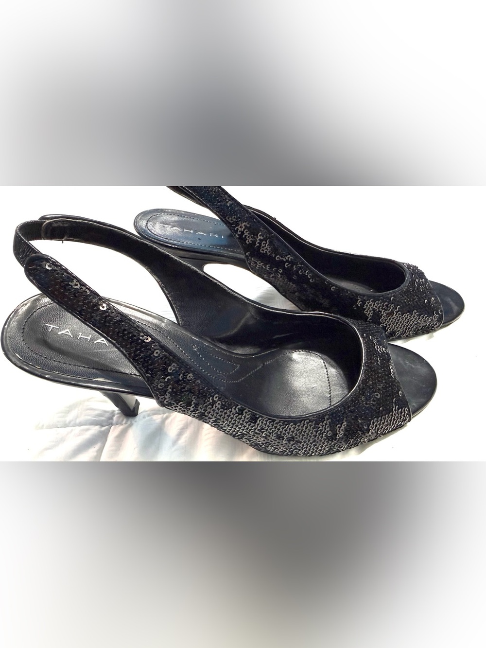 Tahari Black Sequin Slingback Heels